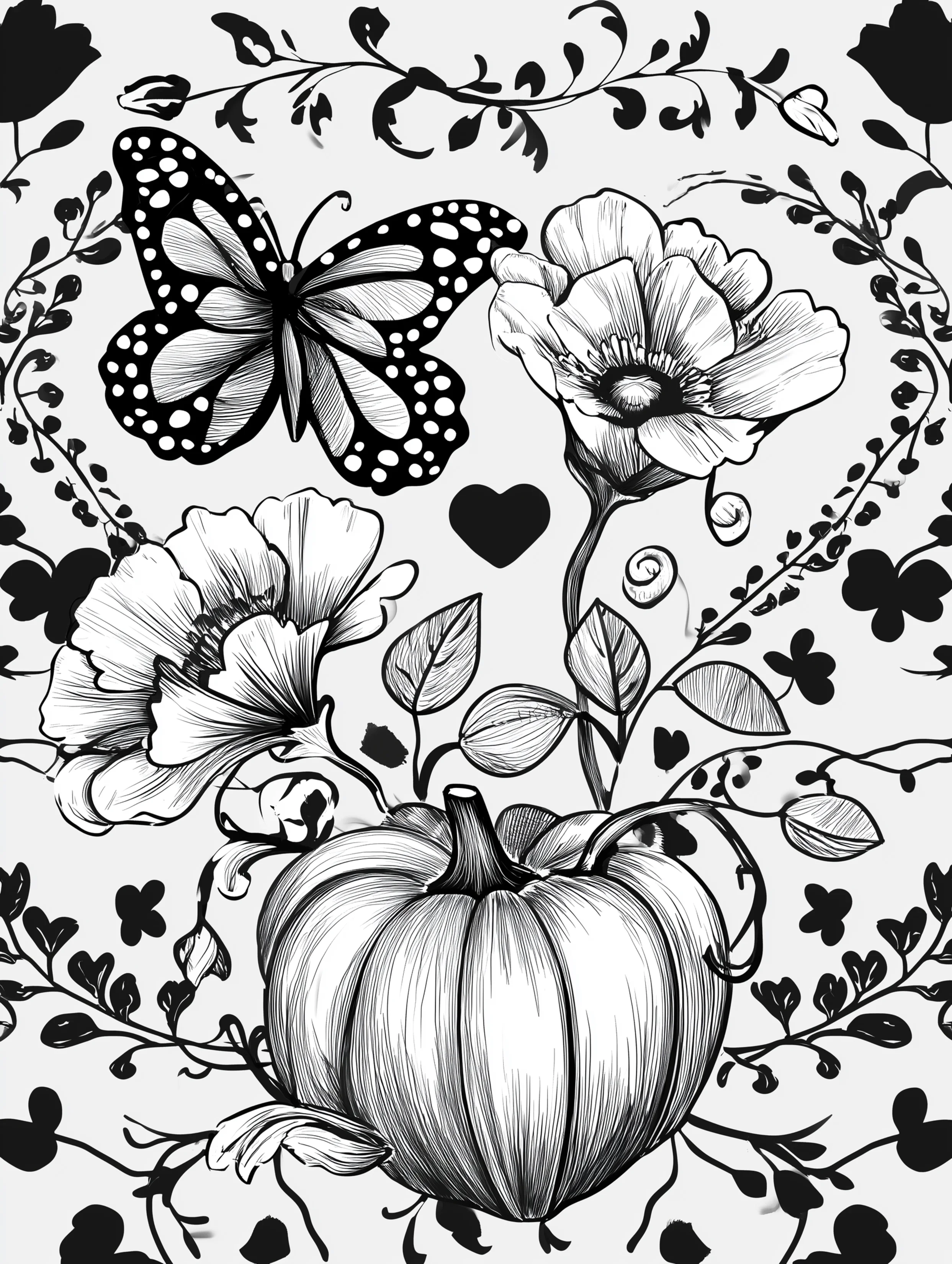 Free printable butterfly coloring page for adults featuring a pumpkin with butterfly and flowers
